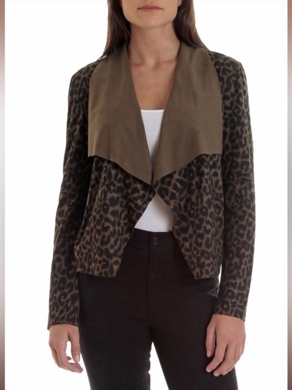 NWT- Bagatelle Collection Faux Suede Drape Front Leopard Jacket Style 66678